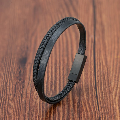 Luxury Men's Leather Bracelet Hand-Woven Multilayer Vintage Bangle with Stainless Steel Clasp