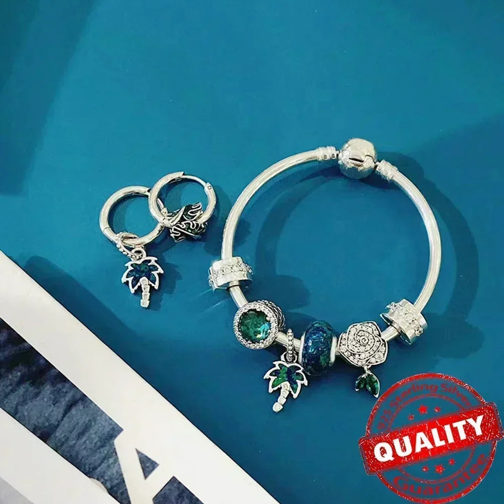 Green Monstera Leaf Charm 925 Sterling Silver Dangle Bracelet Jewelry for Women