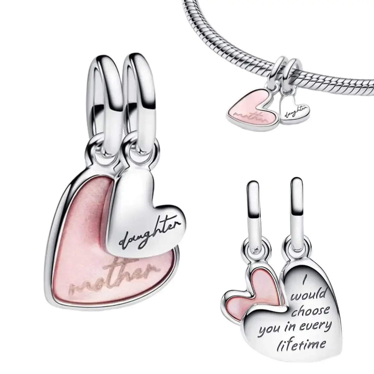 Sterling Silver Pink Blossom Dangle Charm with Butterfly Heart Flower Rose and Bird Bead for DIY Necklace and Bracelet Jewelry