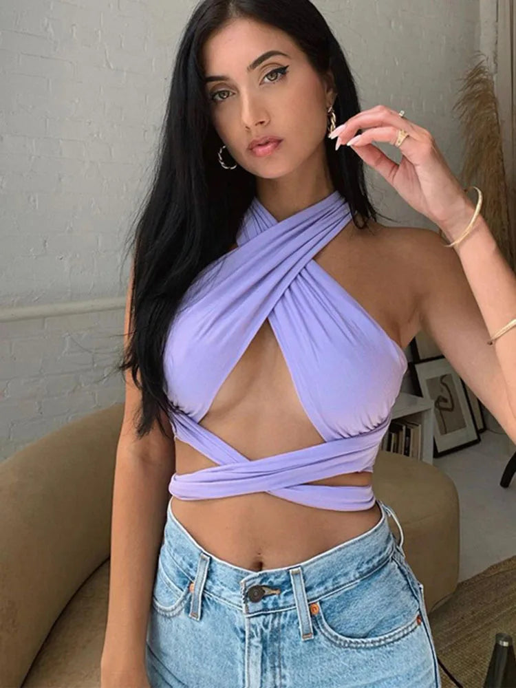 Women Cross Over Strappy Halter Crop Top Backless Wrap Vest