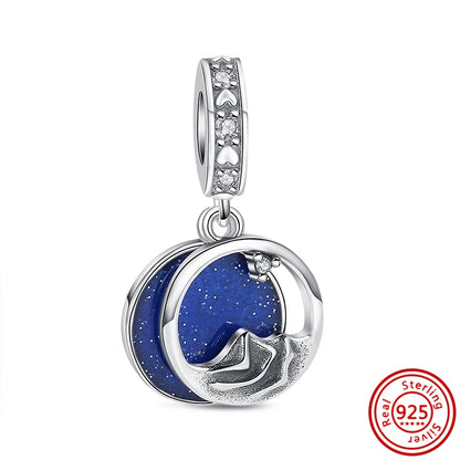 Sterling Silver Blue Zircon Feather Crown Moon Pendant Charm Bracelet Beads RS022 3mm-4mm