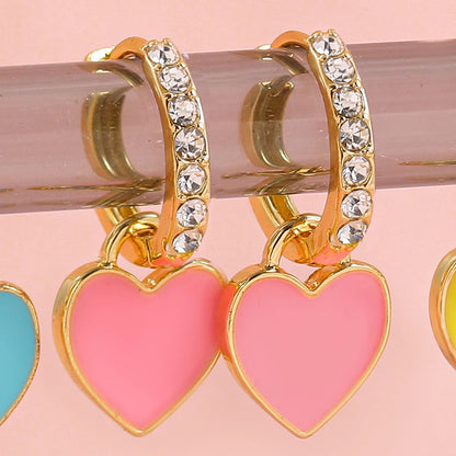 Charming Pink Heart Zircon Huggie Earrings Set for Women Fashion Hoop Jewelry