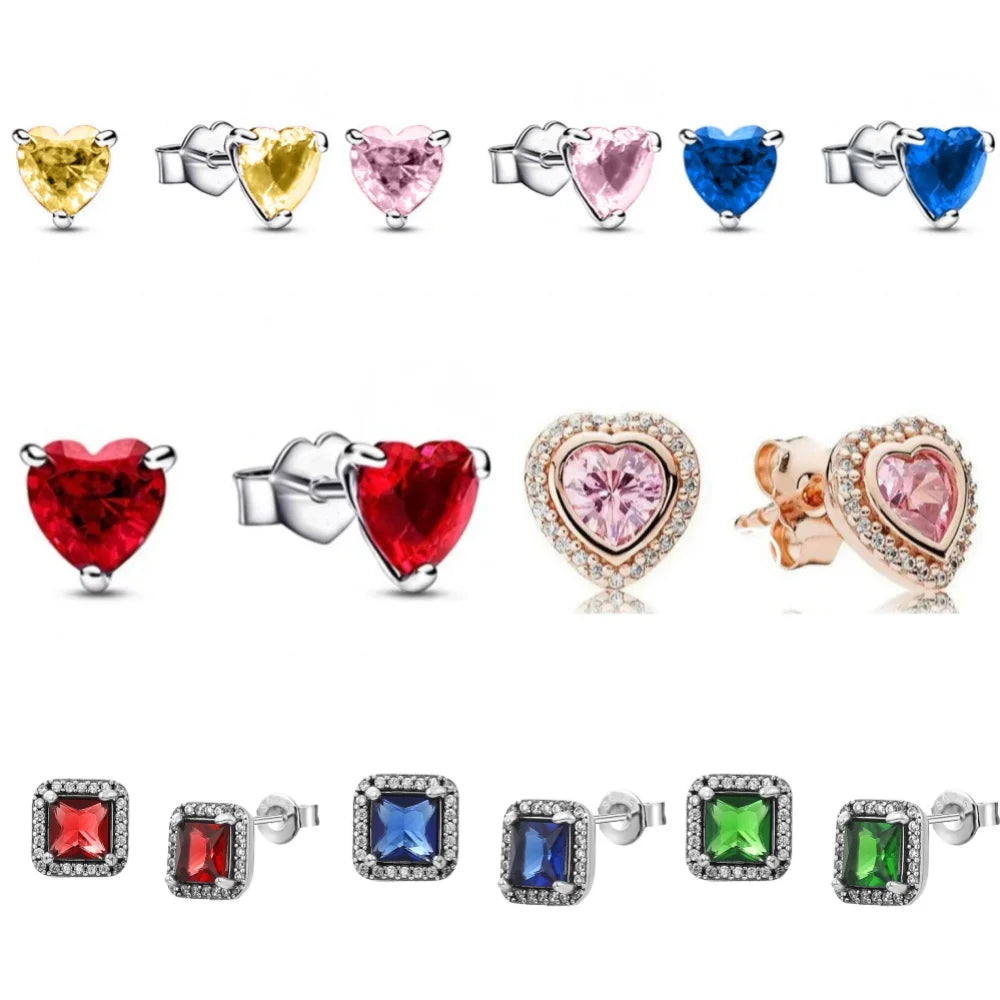 Heart Series Sterling Silver Stud Earrings with Colorful Zircon Stones for Women Fashion