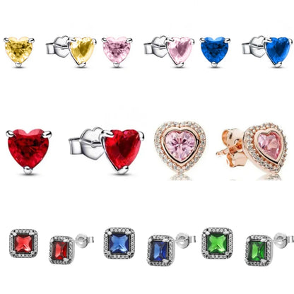 Heart Series Sterling Silver Stud Earrings with Colorful Zircon Stones for Women Fashion