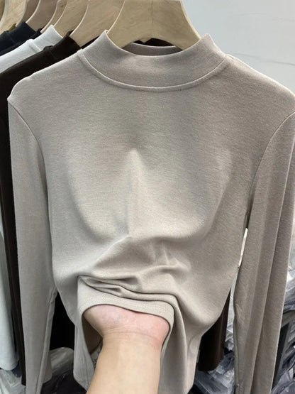 White Cotton Slim Fit Long Sleeve Half Turtleneck Women