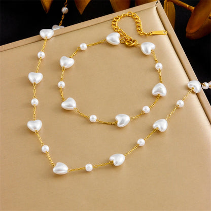 Lamengly Elegant Pearl Heart Necklace and Bracelet Set for Women
