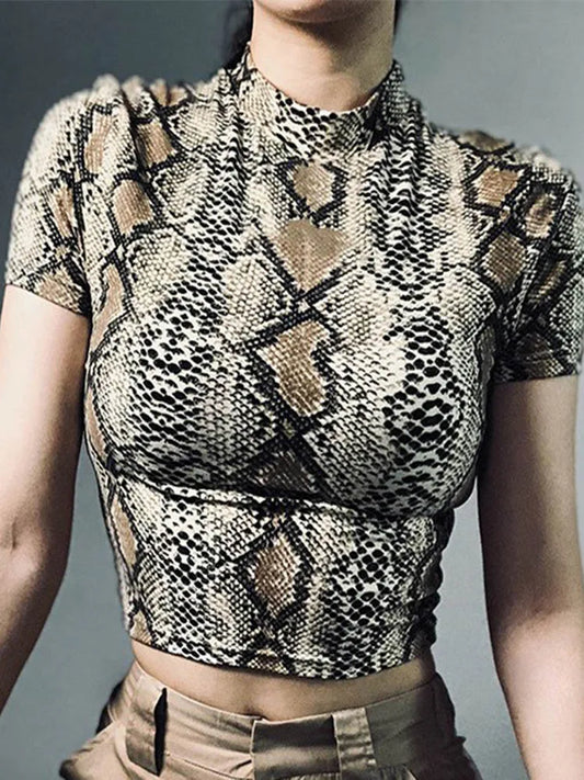 Dozw Snake Print Crop Top Women Sexy High Collar Slim Fit