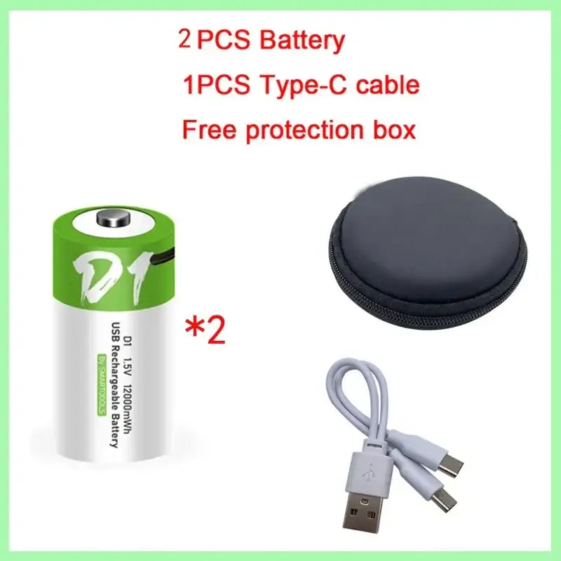 1-8PCS D Size USB Rechargeable Batteries LR20 Li-ion 1.5V 12000mWh 2 PCS D and 1 cable CHINA
