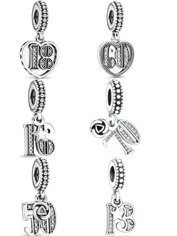 European 925 Sterling Silver Birthday Celebration Pendant Charm Bead for Women Bracelet and Necklace