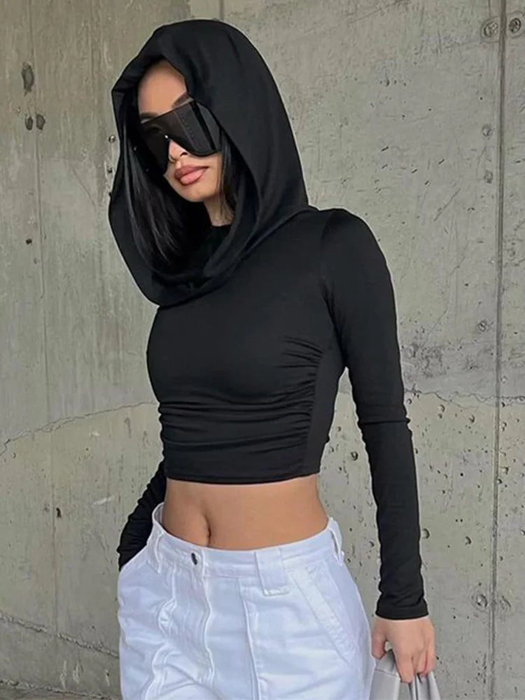 Womens Hooded Crop Top Long Sleeve Solid Cowl Neck Slim Fit