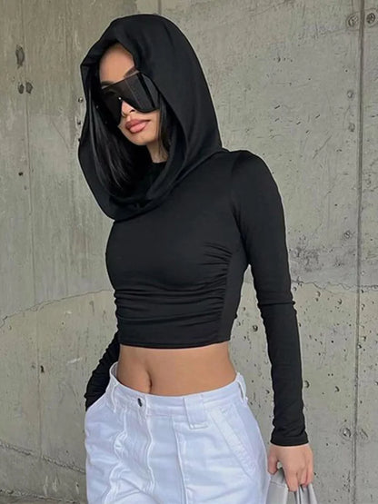 Womens Hooded Crop Top Long Sleeve Solid Cowl Neck Slim Fit