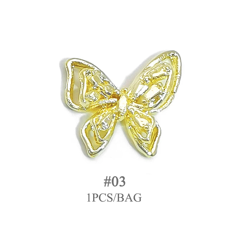 Elegant Gold Silver Metal Bowknot Nail Charm 3D Rhinestone Decor for DIY Manicure Art