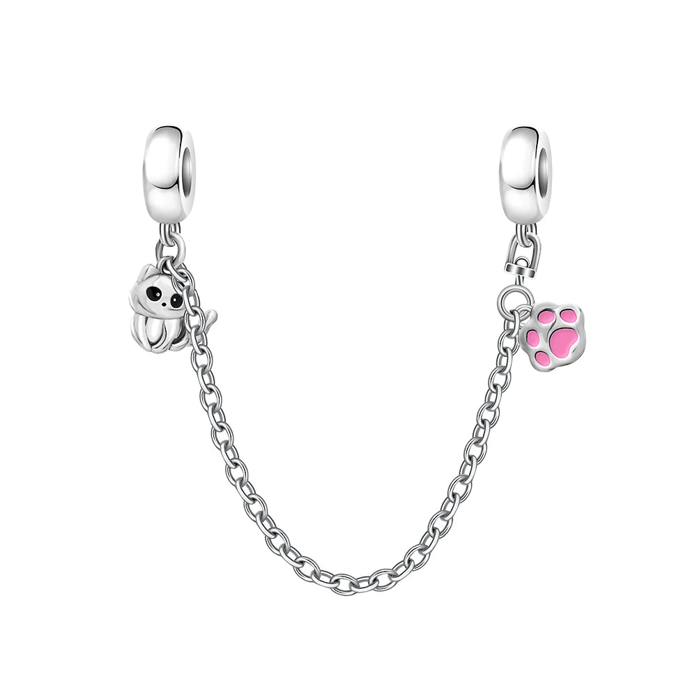 Exquisite 925 Silver Cat Claw Pendant Beads with Safety Chain for European Bracelets B5455