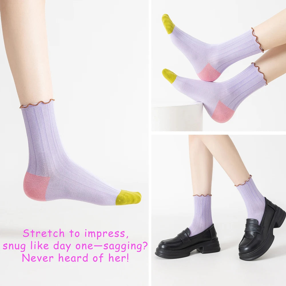 6 Pairs Lace Trim Cotton Mid Crew Antibacterial Socks