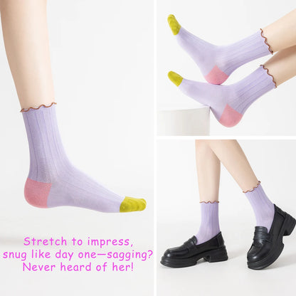 6 Pairs Lace Trim Cotton Mid Crew Antibacterial Socks