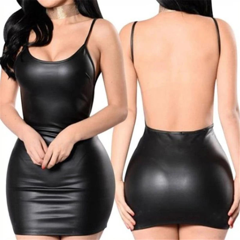 Sexy Faux Leather Backless Club Party Dress Mini Micro