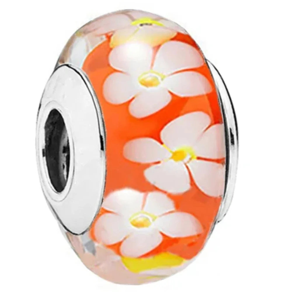 925 Sterling Silver Cosmic Rainbow Murano Glass Beads with Flower and Leaf Charms for DIY Women Jewelry