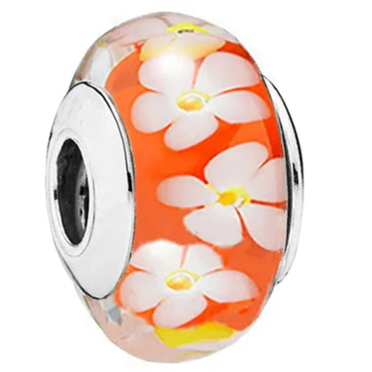 925 Sterling Silver Cosmic Rainbow Murano Glass Beads with Flower and Leaf Charms for DIY Women Jewelry