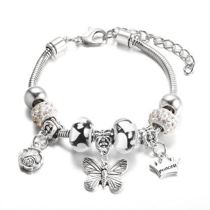 Elegant Heart Lock Charm Beaded Bangle Adjustable Snake Chain Bracelet for Women