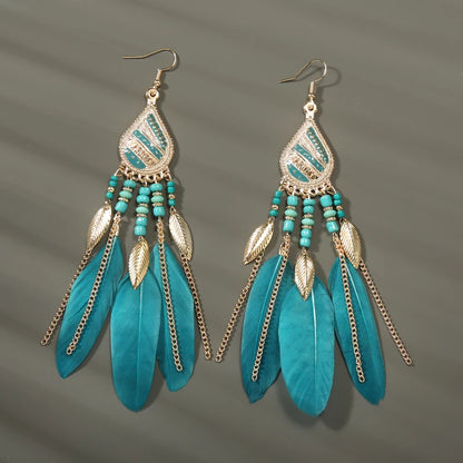 Bohemian Long Feather Drop Earrings with Tassel Beads and Enamel Flowers for Women