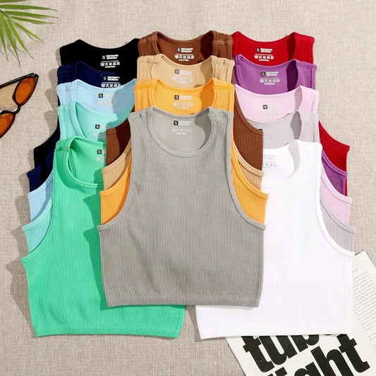 Women’s Seamless Rib-Knit Crop Top Elastic Sleeveless Casual Streetwear Tank