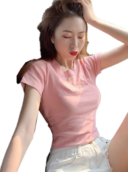 Dozw Cotton Embroidered Womens Slim Short Sleeve T Shirt