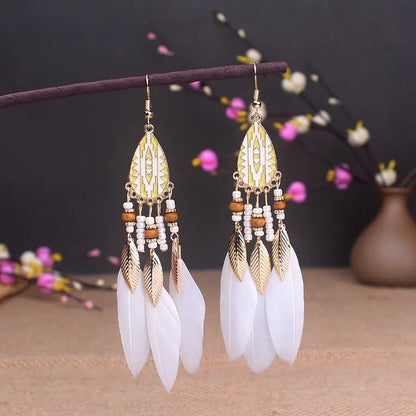 Bohemian Long Feather Drop Earrings with Tassel Beads and Enamel Flowers for Women