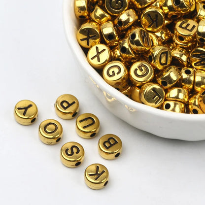 Gold Color Acrylic Spacer Beads with Black Letter Charms for Jewelry Making and DIY Crafts