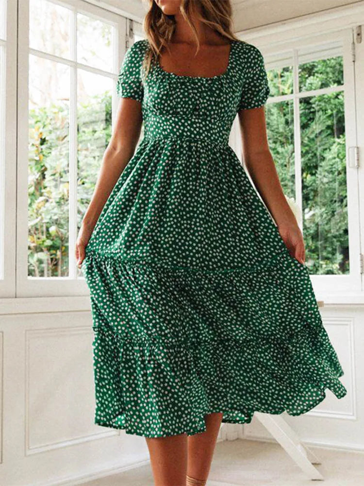 Vintage Floral Maxi Dress Square Collar Puff Sleeve Women