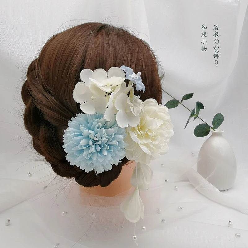 Japanese Handmade Fabric Flower Kimono Hairpin with Tassel for Weddings and Festivals
