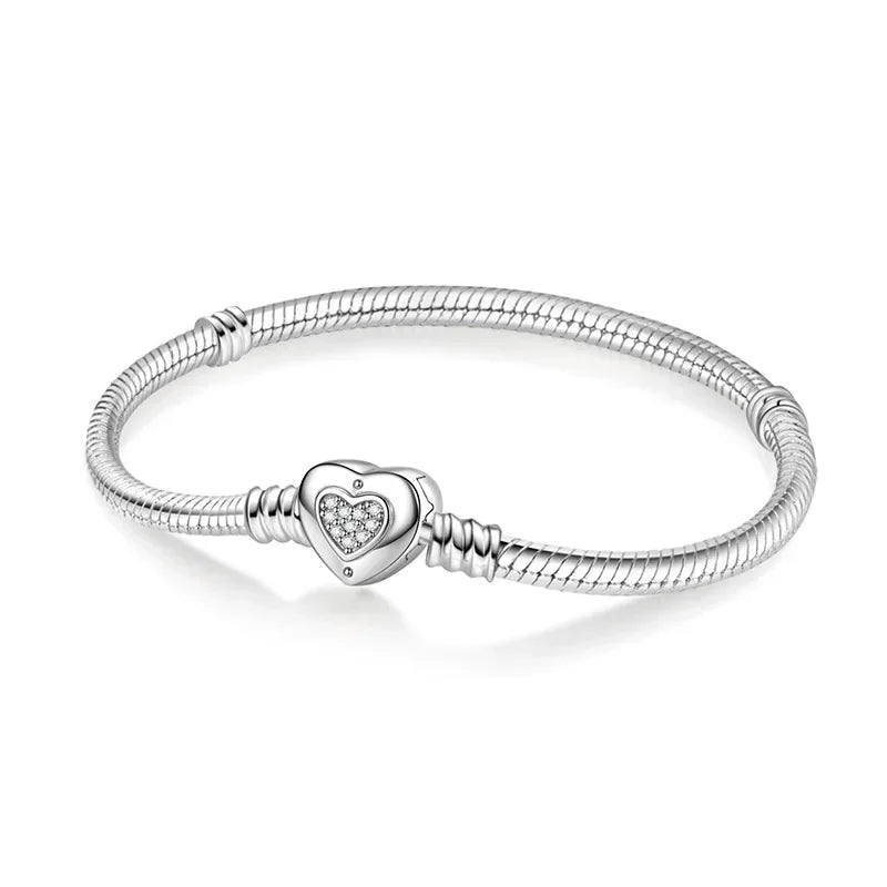 925 Sterling Silver Heart Lock Snake Bone Chain Bangle Women’s Classic Zircon Bracelet Fine Jewelry Party Gift