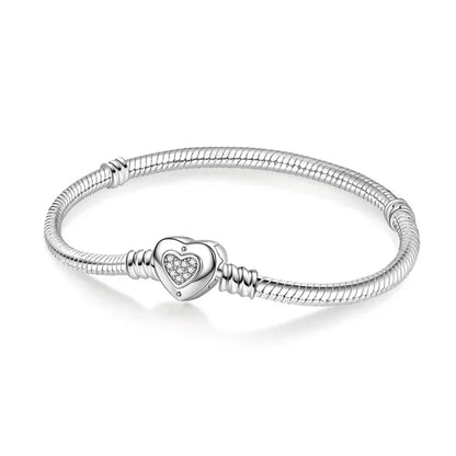 925 Sterling Silver Heart Lock Snake Bone Chain Bangle Women’s Classic Zircon Bracelet Fine Jewelry Party Gift