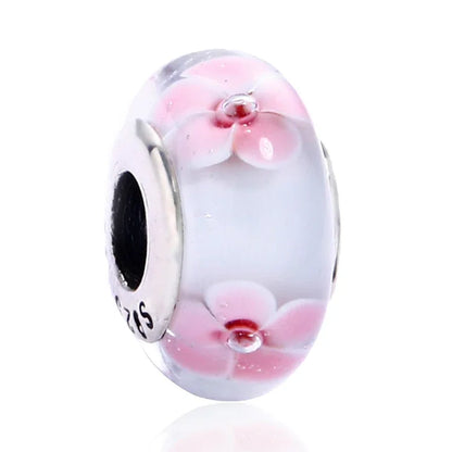 925 Sterling Silver Cosmic Rainbow Murano Glass Beads with Flower and Leaf Charms for DIY Women Jewelry