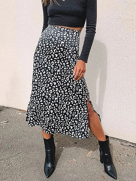 Leopard Print Chiffon Split Maxi Skirt Women Zip Elegant