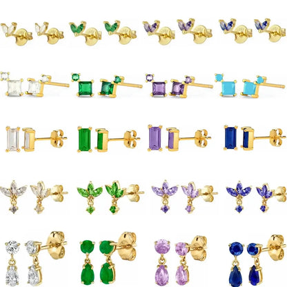 925 Sterling Silver Tiny Stud Earrings Colorful Crystal Luxury Jewelry