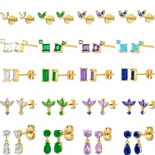 925 Sterling Silver Tiny Stud Earrings Colorful Crystal Luxury Jewelry