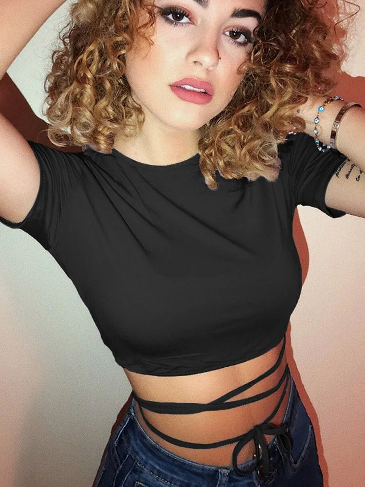 2024 Summer Women Black Bandage Crop Top Short Sleeve Tee