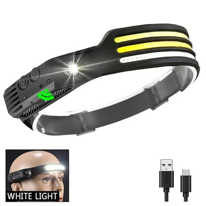 LED COB Induction Headlamp USB Rechargeable Waterproof 5 Modes 3-White