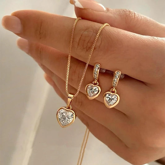 Romantic Double Heart Rhinestone Jewelry Set for Women - Elegant Necklace and Earrings Gift