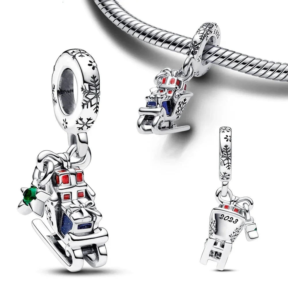 925 Sterling Silver Christmas Charms Set Santa Claus Reindeer Snowflake Beads for DIY Jewelry Gifts