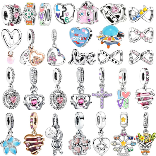 925 Sterling Silver Colorful Infinite Heart Flower Charms with Zircon for Pendant Bracelet Necklace DIY Fine Jewelry