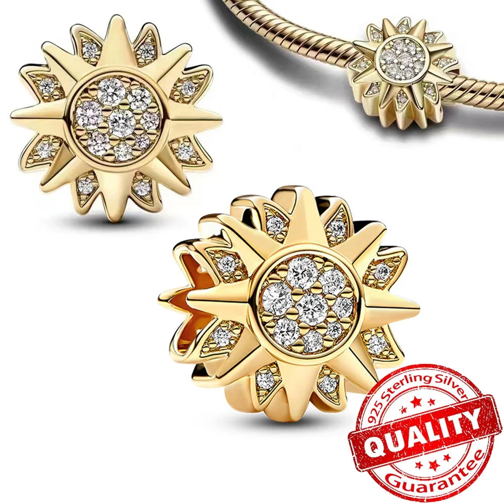 925 Sterling Silver Charms Set Moon Stars Sun Flower Heart Zircon Beads for DIY Jewelry and Gifts