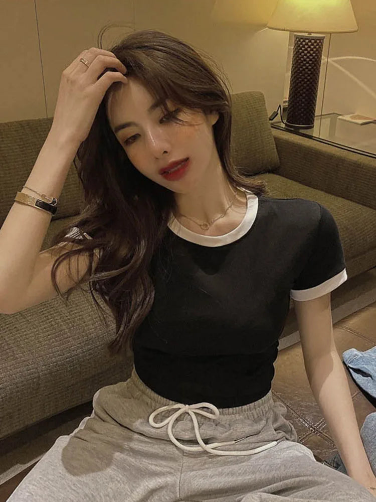 Womens Ribbed O Neck Short Sleeve Crop Top Cotton Tee