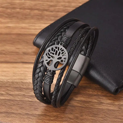 Men's Leather Bracelet with Stainless Steel Tree of Life Charm - Stylish Multi-Layer Fashion Accessory