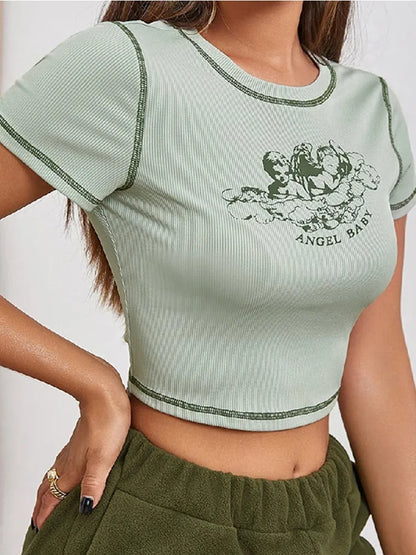 Dozw Women Angel Print Crop Top Slim Fit Tee Summer