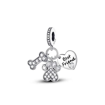 Sterling Silver Paw Print and Bone Charm Bead for Pet Bracelet Jewelry P1551