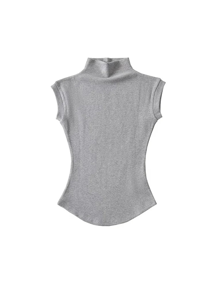 Women Summer Slim Fit Sleeveless Turtleneck Top Casual Solid Color Jersey Tee