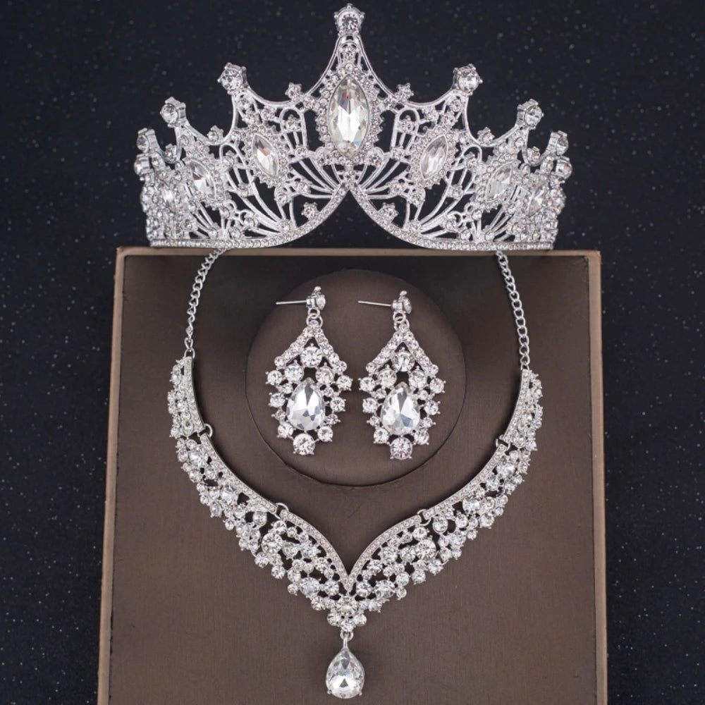 Crystal Crown Bridal Jewelry Set - 3Pcs Rhinestone Necklace & Earring Accessories Silver 3