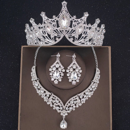 Crystal Crown Bridal Jewelry Set - 3Pcs Rhinestone Necklace & Earring Accessories Silver 3