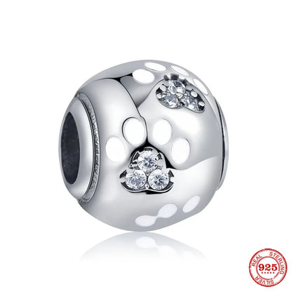Sterling Silver Paw Print and Bone Charm Bead for Pet Bracelet Jewelry B375
